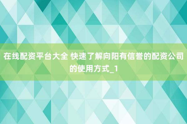 在线配资平台大全 快速了解向阳有信誉的配资公司的使用方式_1